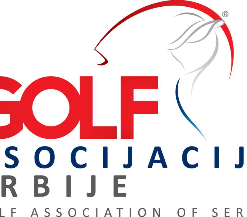 Logo of the Golf Association of Serbia featuring a stylized golfer and golf ball in the colors of the Serbian flag.